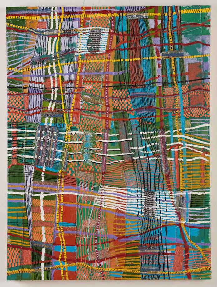 <em>Object of Labor #1, Handwoven fabric, string, and oil on canvas, 40x30”, 2012.</em> 