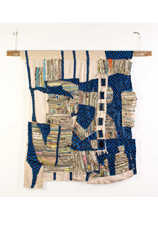 <em>Brian, Discarded objects, handwoven fabric and oil on canvas, 62x72”, 2013</em>