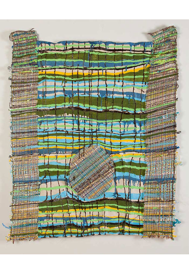 <em>Kelly 2, Ribbons, bows, handwoven fabric and oil on canvas. 39.5x 31”, 2012.</em>